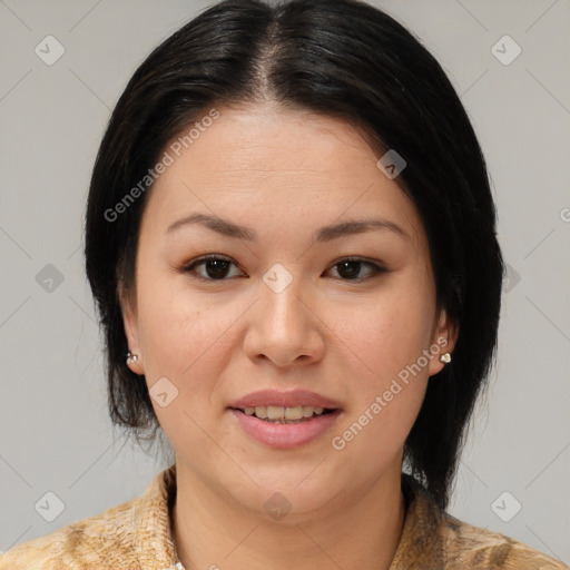 Joyful asian young-adult female with medium  brown hair and brown eyes