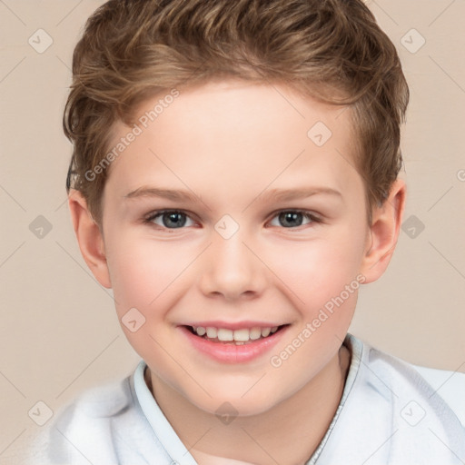 Joyful white child female with short  brown hair and brown eyes