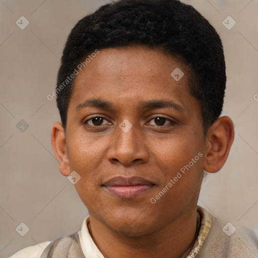 Joyful black young-adult male with short  black hair and brown eyes