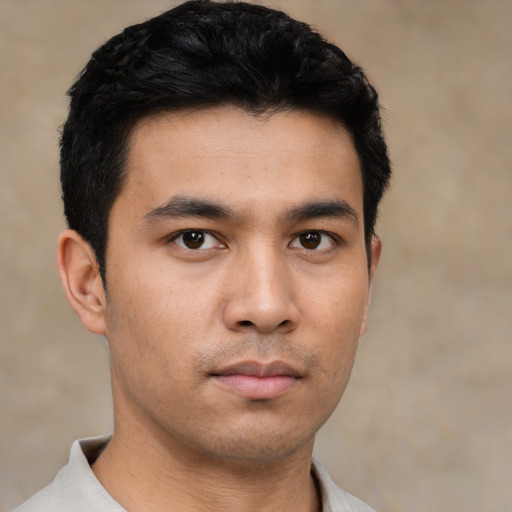 Neutral asian young-adult male with short  black hair and brown eyes
