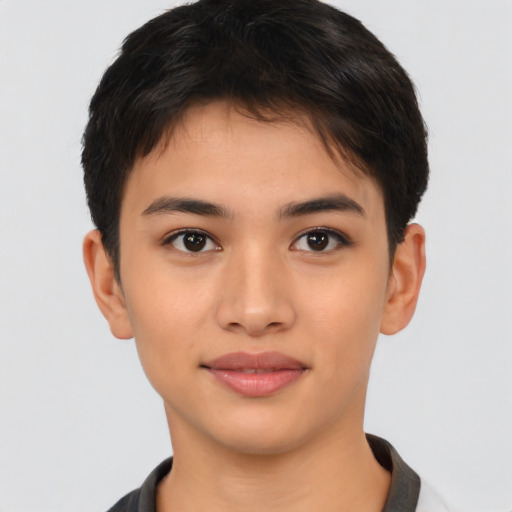 Joyful asian young-adult female with short  brown hair and brown eyes
