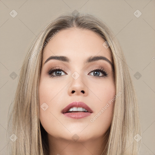 Neutral white young-adult female with long  brown hair and brown eyes