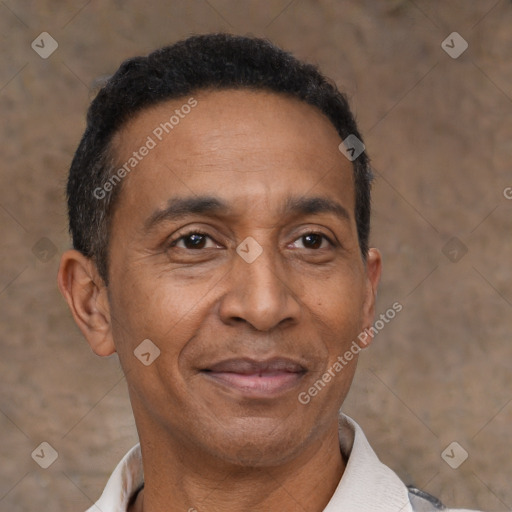 Joyful latino adult male with short  brown hair and brown eyes
