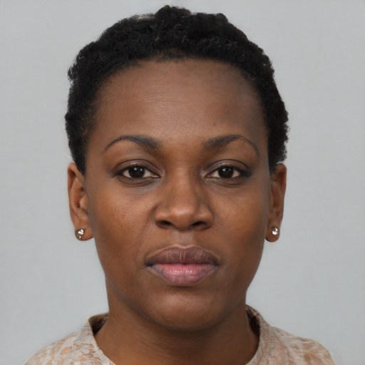 Neutral black young-adult female with short  black hair and brown eyes