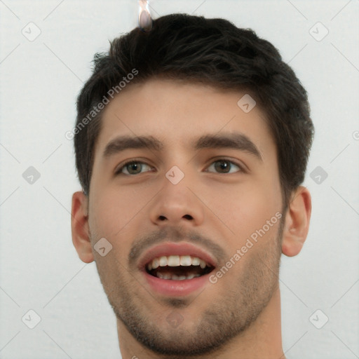 Neutral white young-adult male with short  brown hair and brown eyes