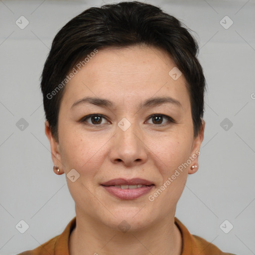 Joyful white adult female with short  brown hair and brown eyes