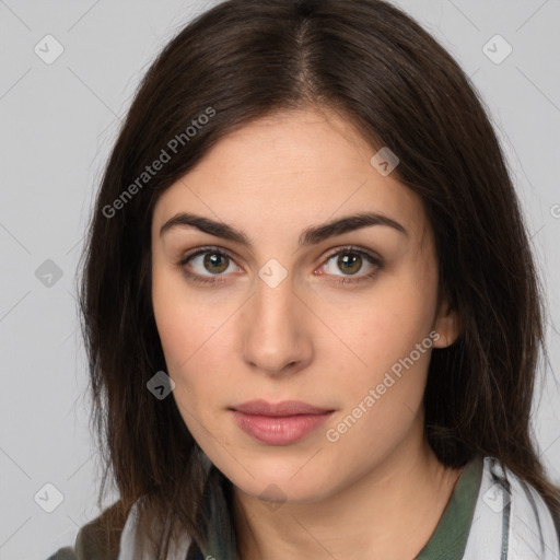 Neutral white young-adult female with medium  brown hair and brown eyes