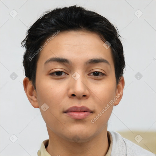 Neutral asian young-adult female with short  brown hair and brown eyes