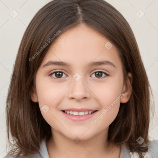 Joyful white child female with medium  brown hair and brown eyes