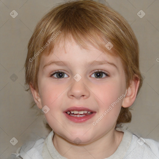 Joyful white child female with medium  brown hair and blue eyes