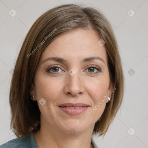 Joyful white adult female with medium  brown hair and grey eyes