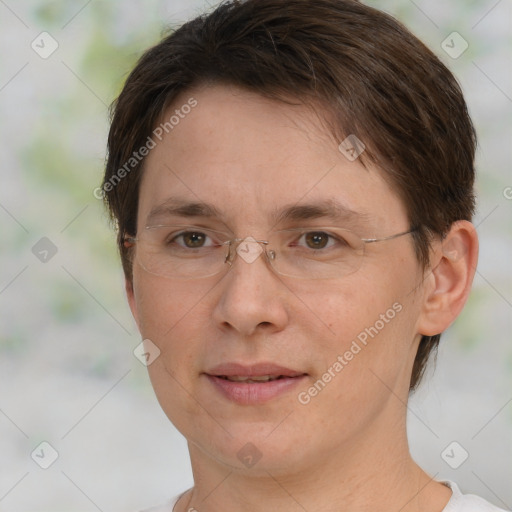 Joyful white adult female with short  brown hair and brown eyes