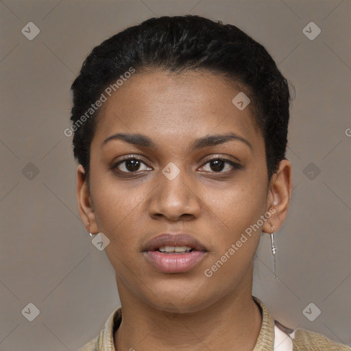 Joyful latino young-adult female with short  black hair and brown eyes