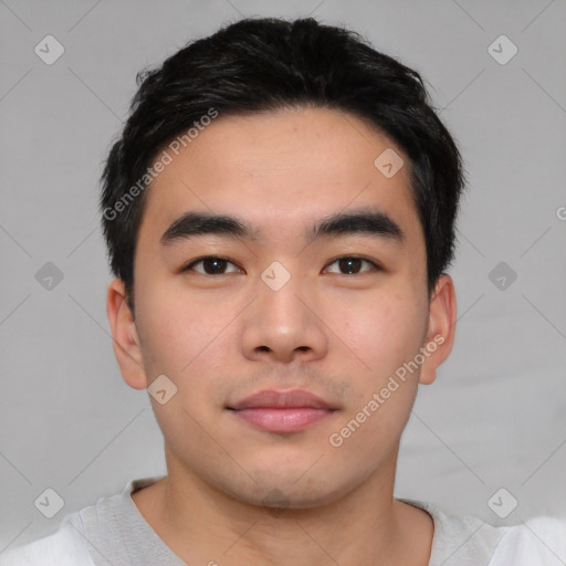 Neutral asian young-adult male with short  black hair and brown eyes