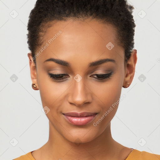 Joyful latino young-adult female with short  brown hair and brown eyes