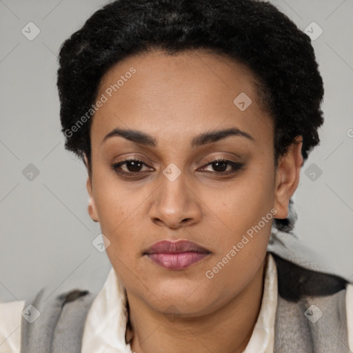 Joyful latino young-adult female with short  black hair and brown eyes