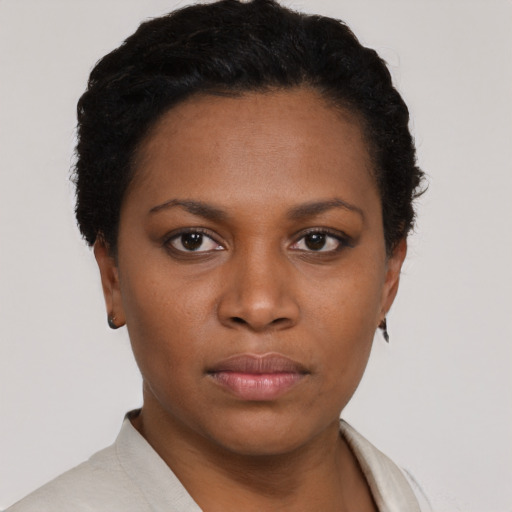 Neutral black young-adult female with short  black hair and brown eyes