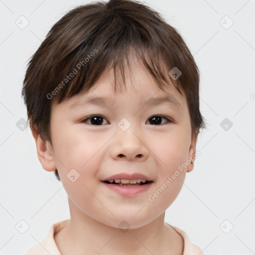 Joyful white child female with short  brown hair and brown eyes