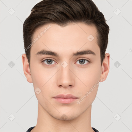 Neutral white young-adult male with short  brown hair and brown eyes