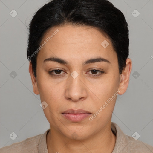 Neutral latino young-adult female with short  black hair and brown eyes