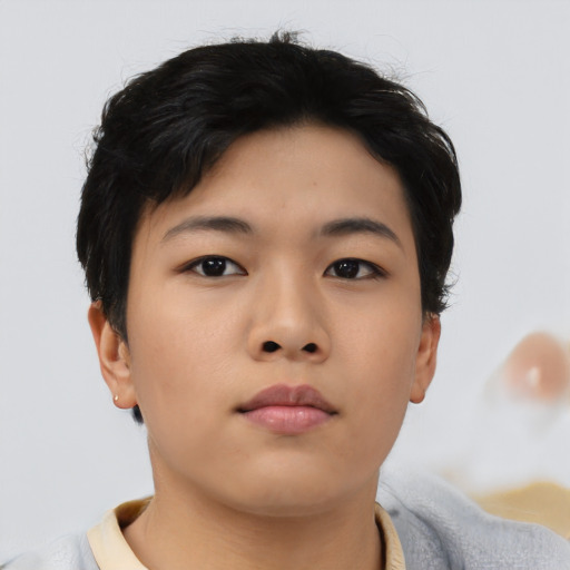 Neutral asian young-adult female with short  black hair and brown eyes
