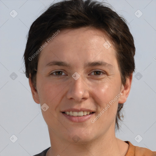 Joyful white young-adult female with short  brown hair and brown eyes