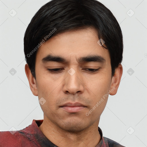 Neutral asian young-adult male with short  black hair and brown eyes