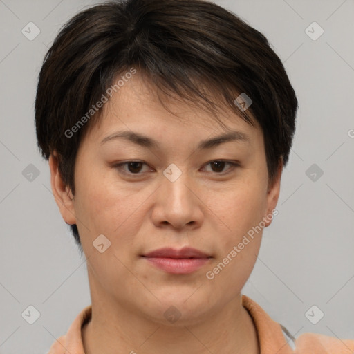 Joyful asian young-adult female with short  brown hair and brown eyes