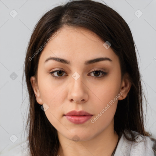 Neutral white young-adult female with medium  brown hair and brown eyes