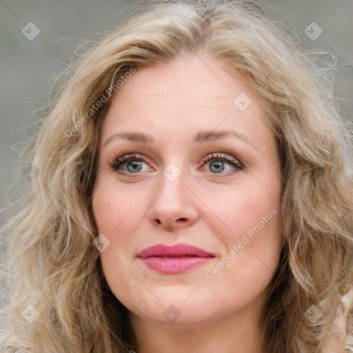 Joyful white young-adult female with long  brown hair and blue eyes