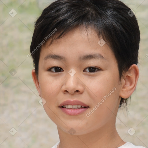 Joyful white child female with short  brown hair and brown eyes