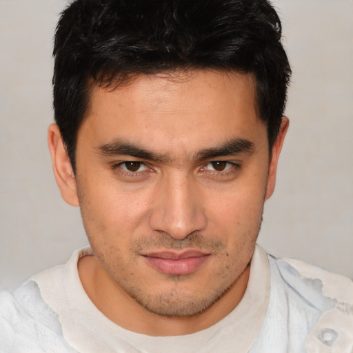 Neutral white young-adult male with short  black hair and brown eyes