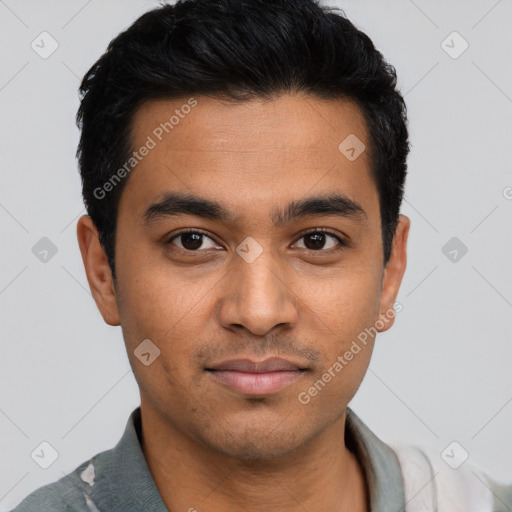 Joyful latino young-adult male with short  black hair and brown eyes