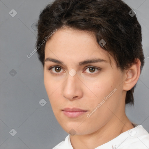 Neutral white young-adult female with short  brown hair and brown eyes