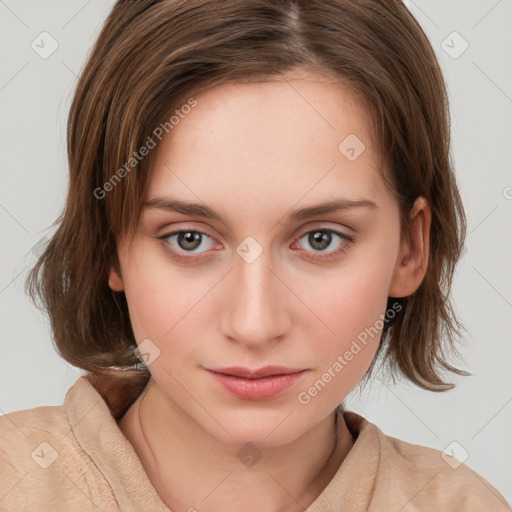 Neutral white young-adult female with medium  brown hair and brown eyes