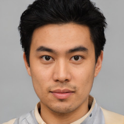 Neutral asian young-adult male with short  black hair and brown eyes