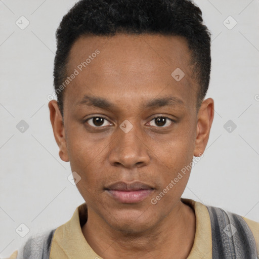 Neutral black young-adult male with short  black hair and brown eyes