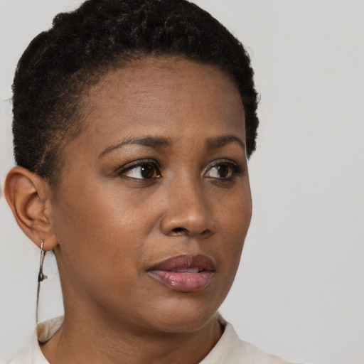 Neutral black young-adult female with short  brown hair and brown eyes