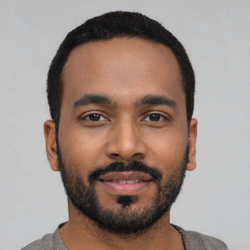 Neutral black young-adult male with short  black hair and brown eyes