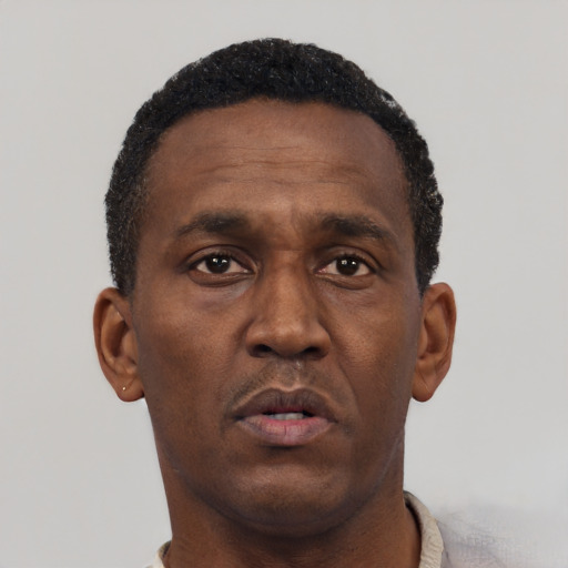 Neutral black adult male with short  black hair and brown eyes