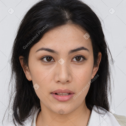 Neutral asian young-adult female with medium  brown hair and brown eyes