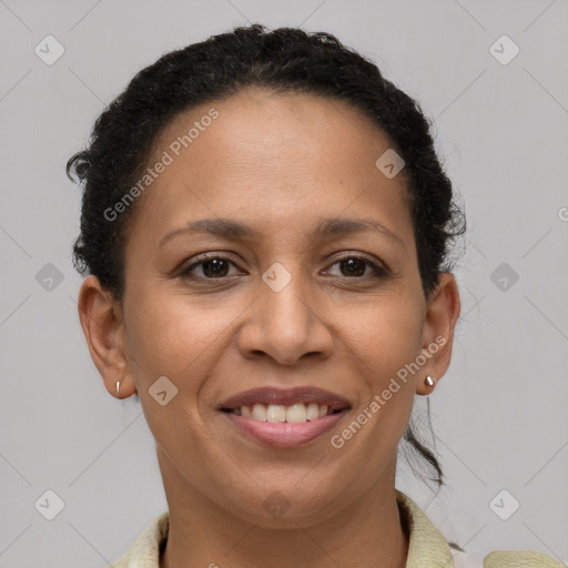 Joyful latino young-adult female with short  brown hair and brown eyes