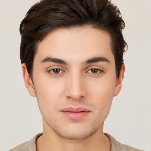 Neutral white young-adult male with short  brown hair and brown eyes