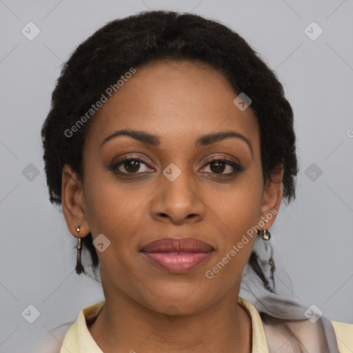 Joyful black young-adult female with medium  brown hair and brown eyes