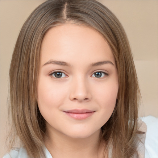 Joyful white child female with medium  brown hair and brown eyes