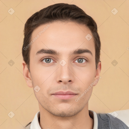 Neutral white young-adult male with short  brown hair and brown eyes