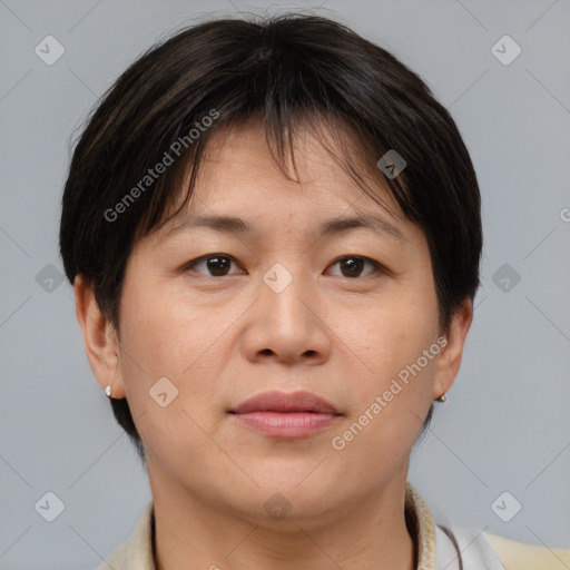 Joyful asian young-adult female with short  brown hair and brown eyes