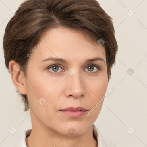 Neutral white young-adult female with short  brown hair and brown eyes