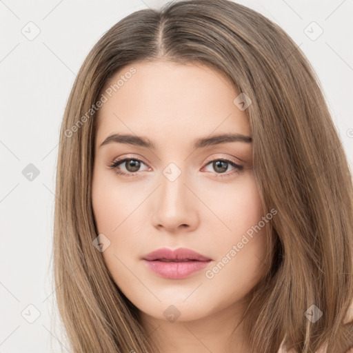 Neutral white young-adult female with long  brown hair and brown eyes