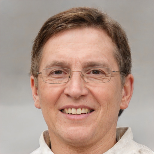 Joyful white middle-aged male with short  brown hair and brown eyes